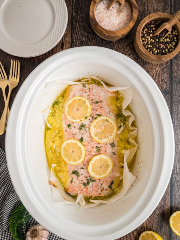 Salmon cooked in a crockpot.