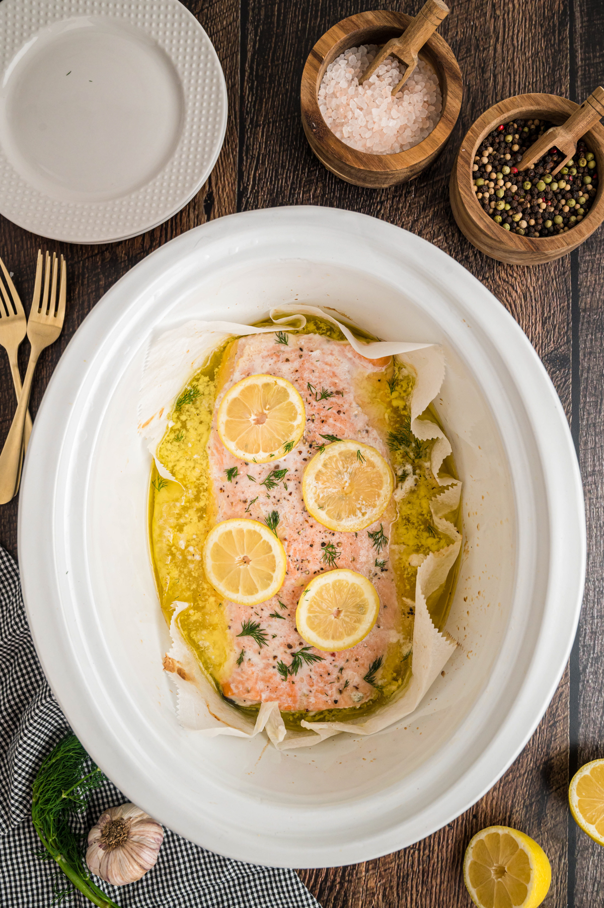 Salmon cooked in a crockpot.