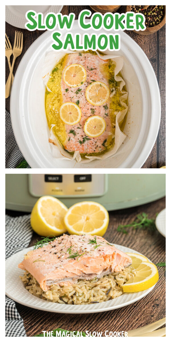 2 images of cooked salmon in a crockpot.
