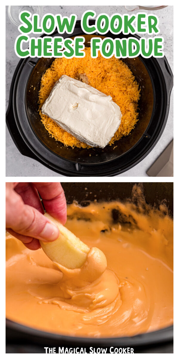 2 images of cheese fondue for pinterest.