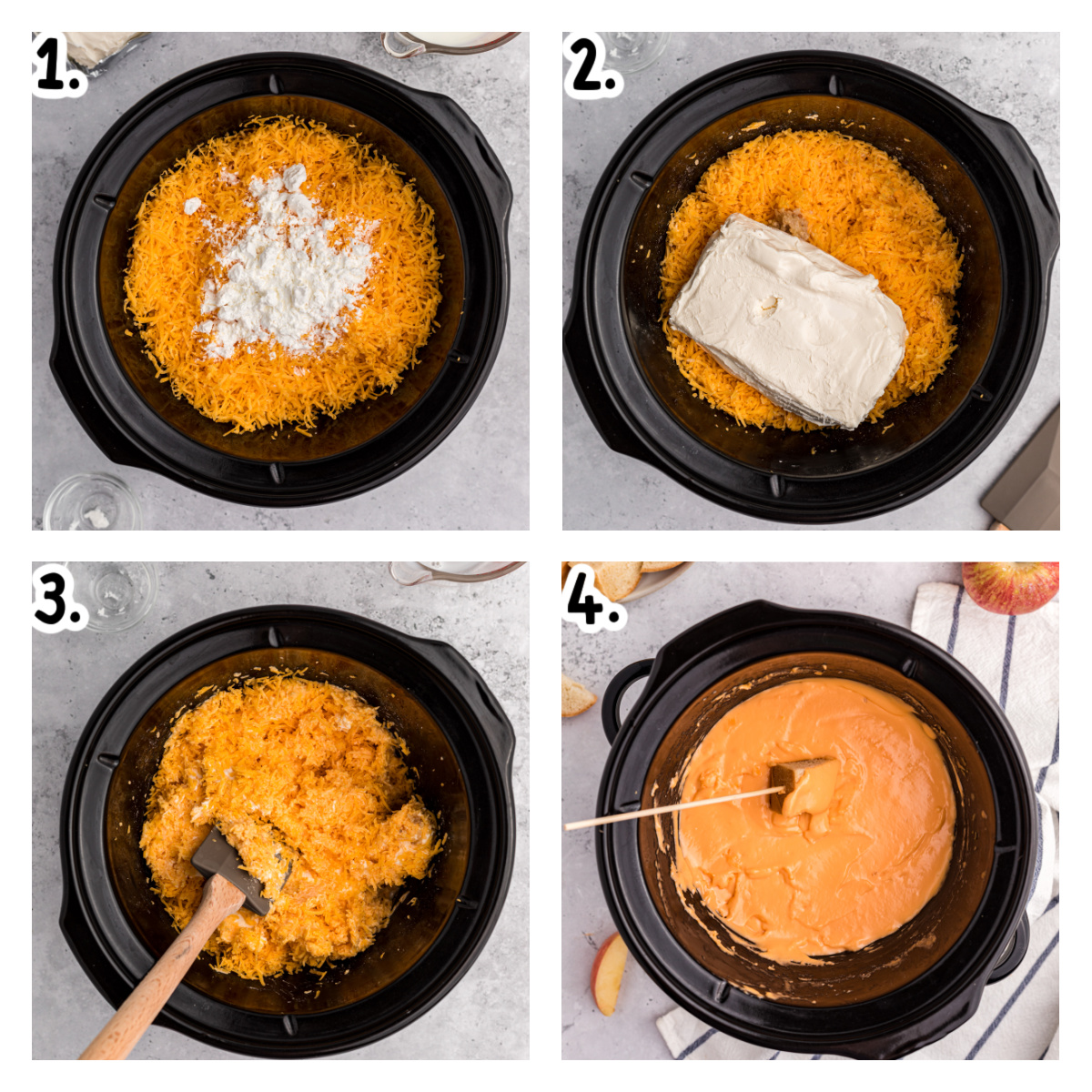 Four images showing how to make cheese fondue in a crockpot.