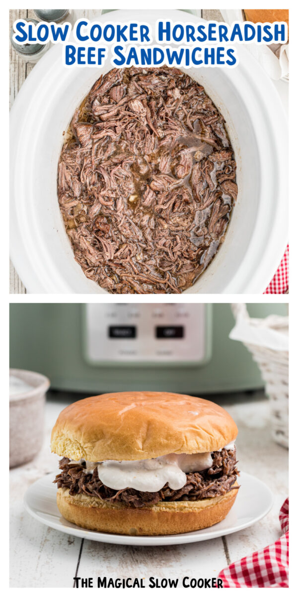 2 images of horseradish beef sandwiches for pinterest.