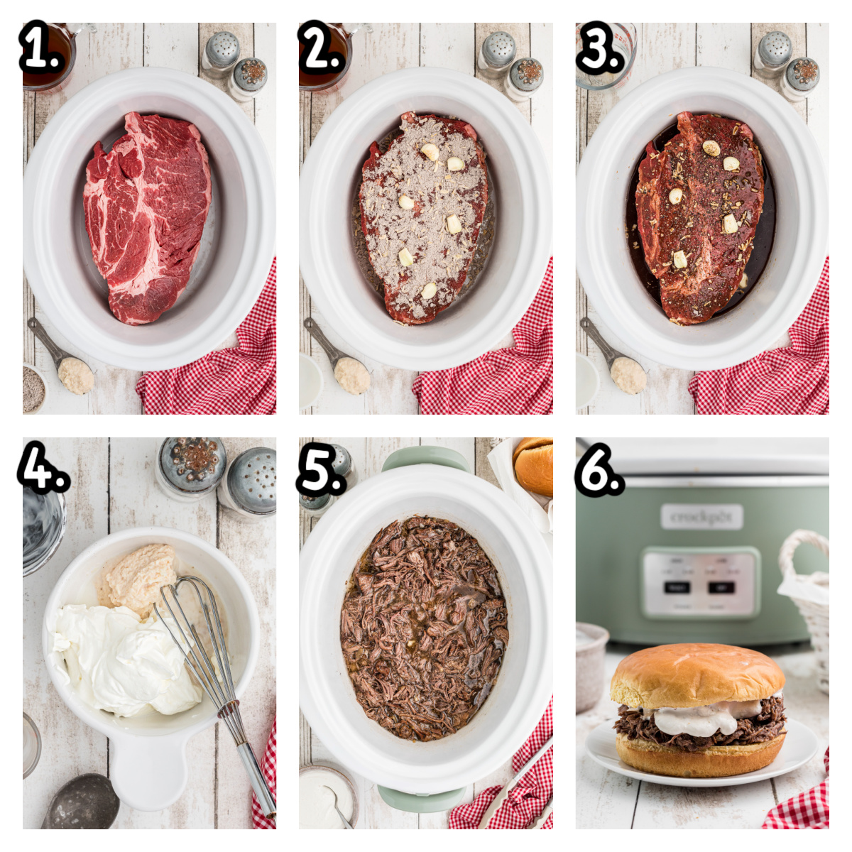 Six images showing how to make beef sandwiches with horseradish sauce.