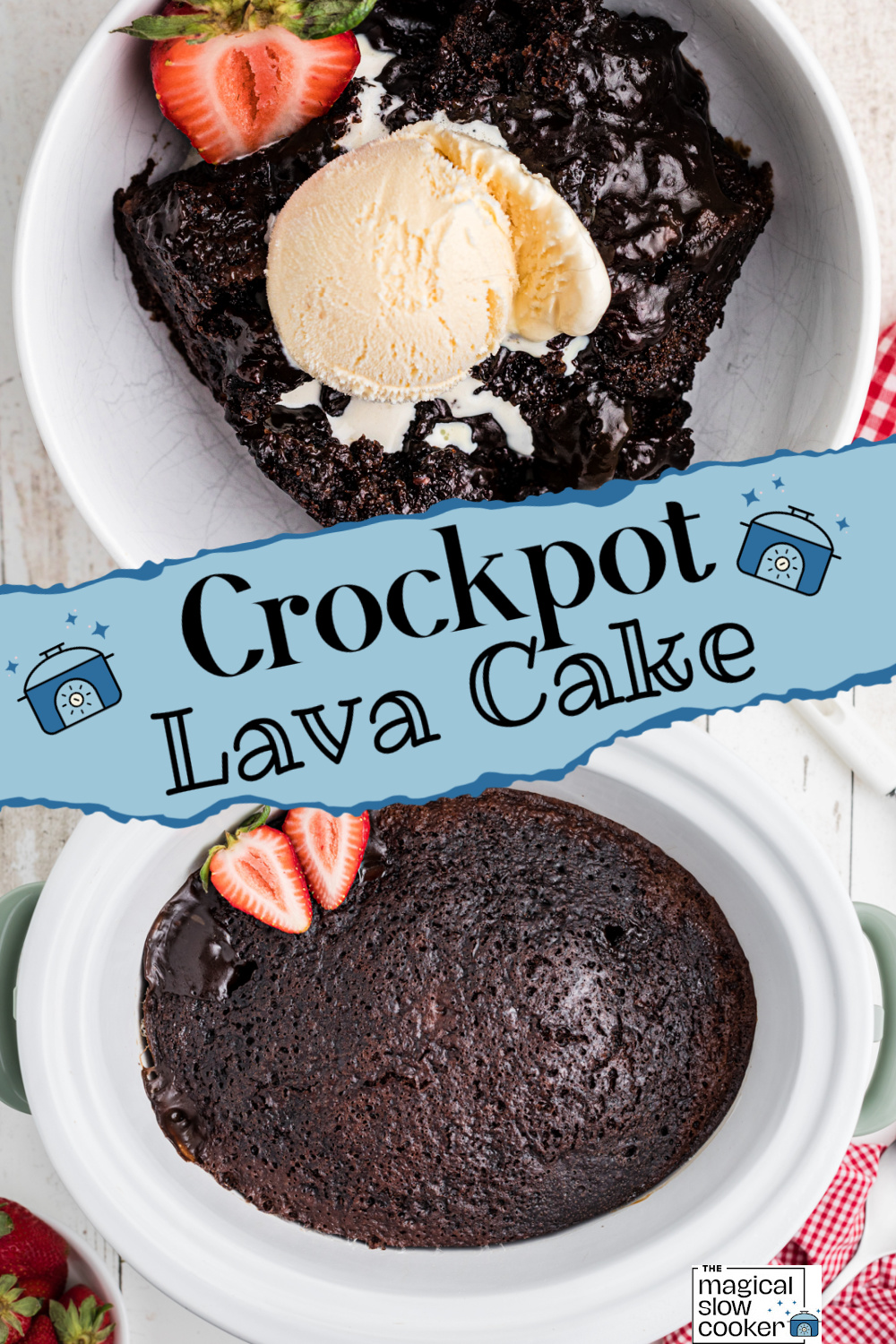 2 images of slow cooker lava cake.