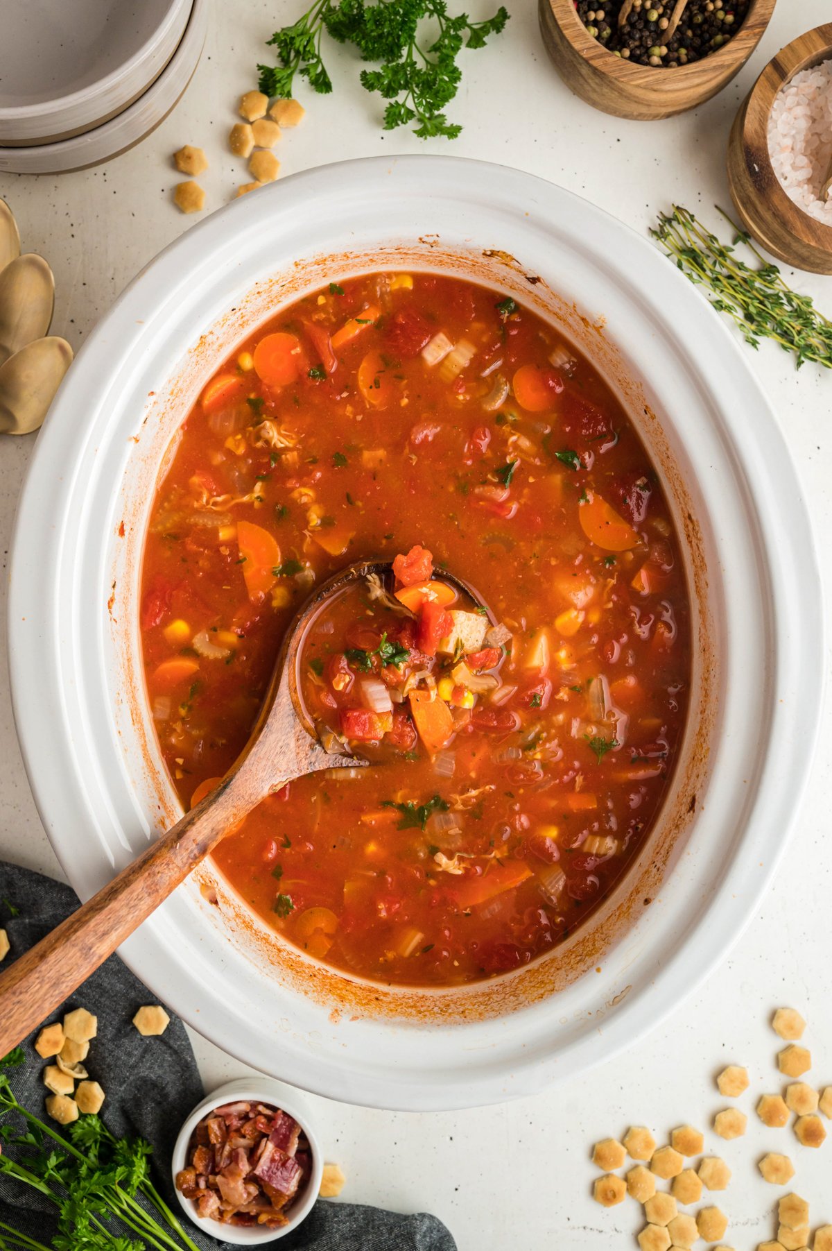 crockpot full of manhattan clam chowder.