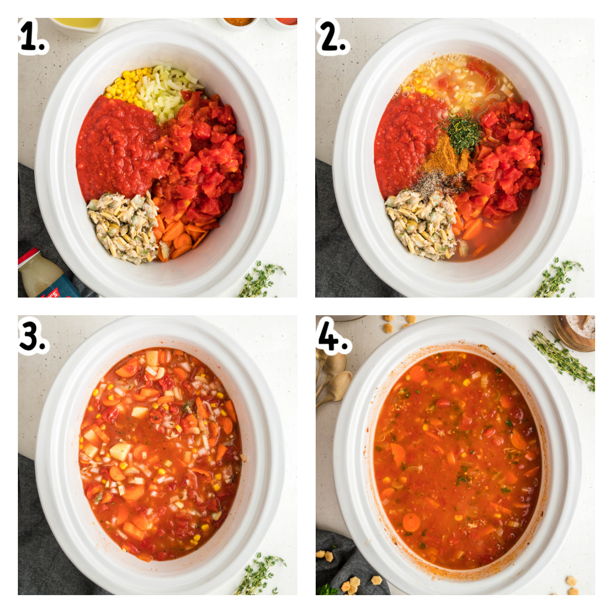 Four images showing how to make manhattan clam chowder in a slow cooker.