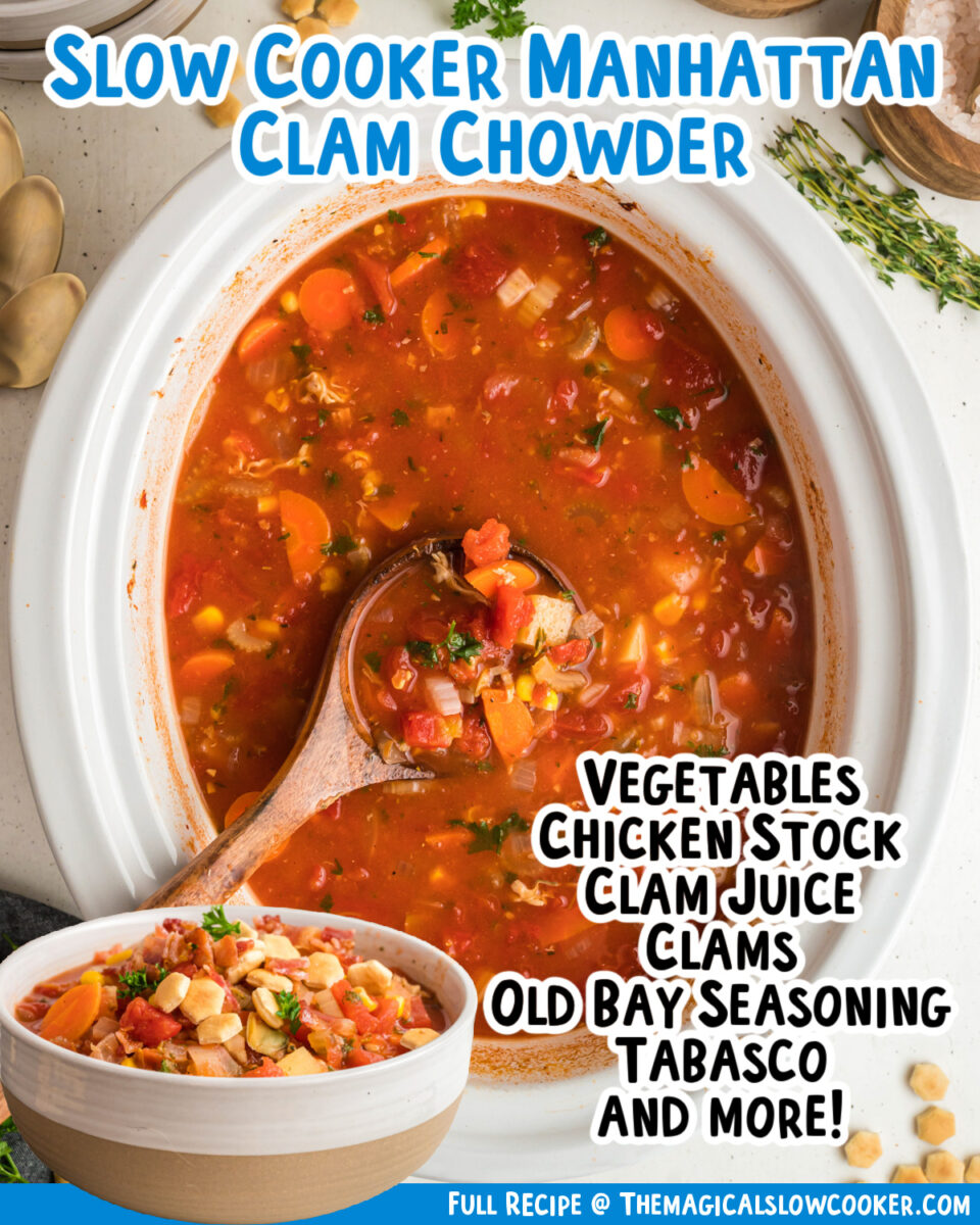 images of manhattan clam chowder with text overlay for facebook.