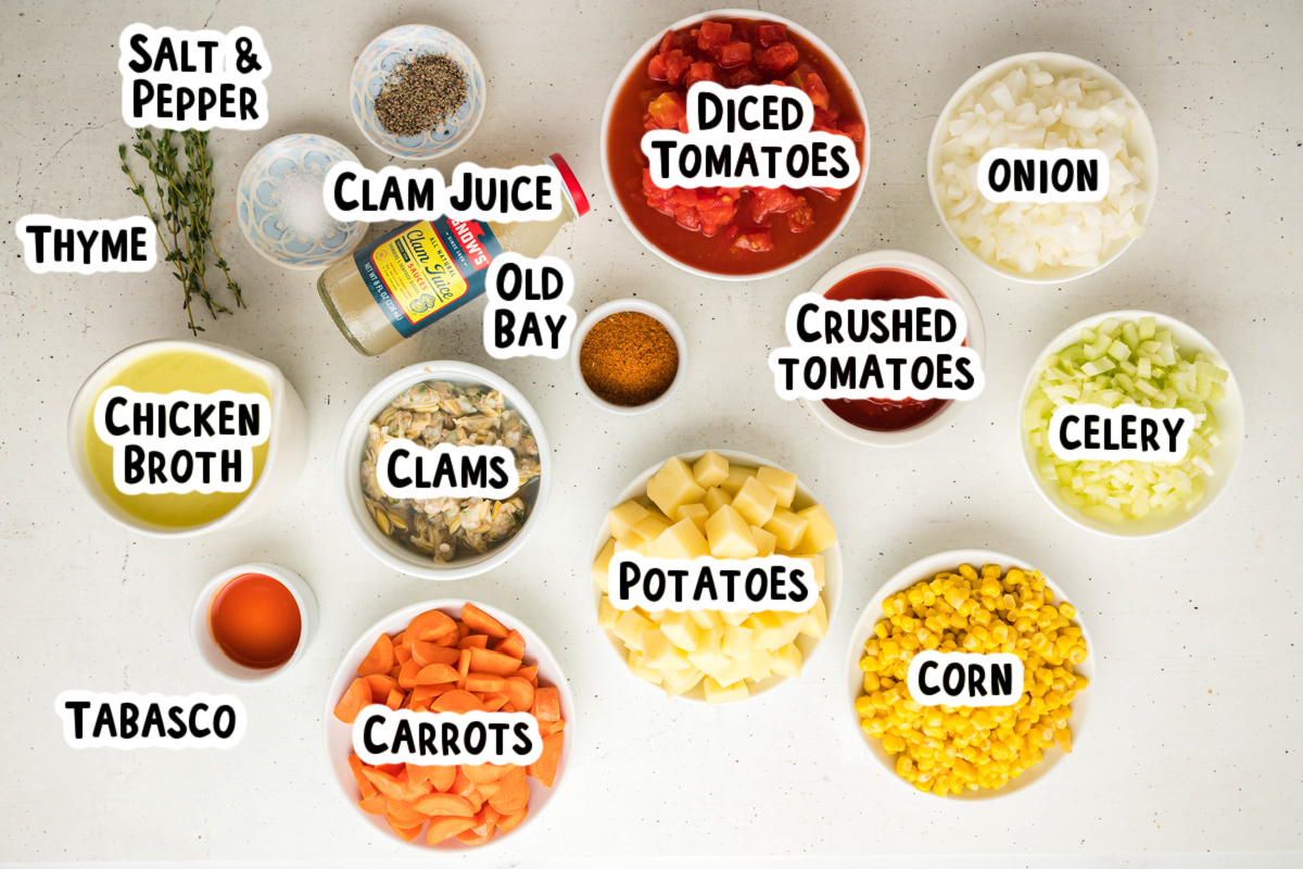 Ingredients for manhattan clam chowder on a table with text overlay.