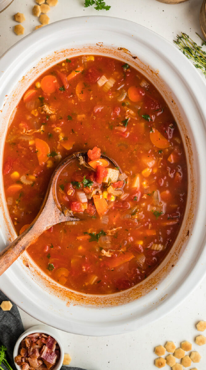 long image of manhattan clam chowder with spoon in it.