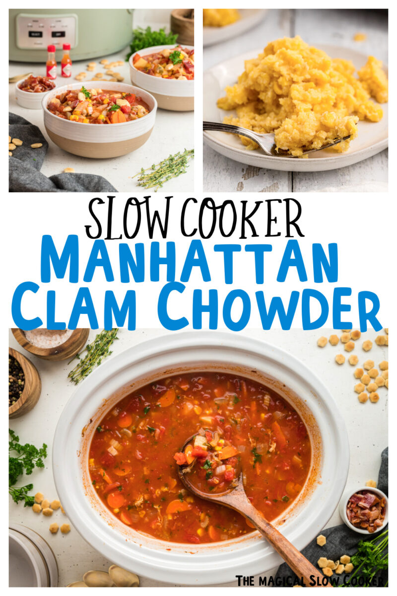 images of clam chowder with text overlay for pinterest.