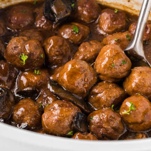 salisbury steak meatballs in a slow cooker.