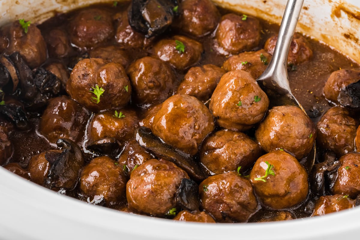 salisbury steak meatballs in a slow cooker.