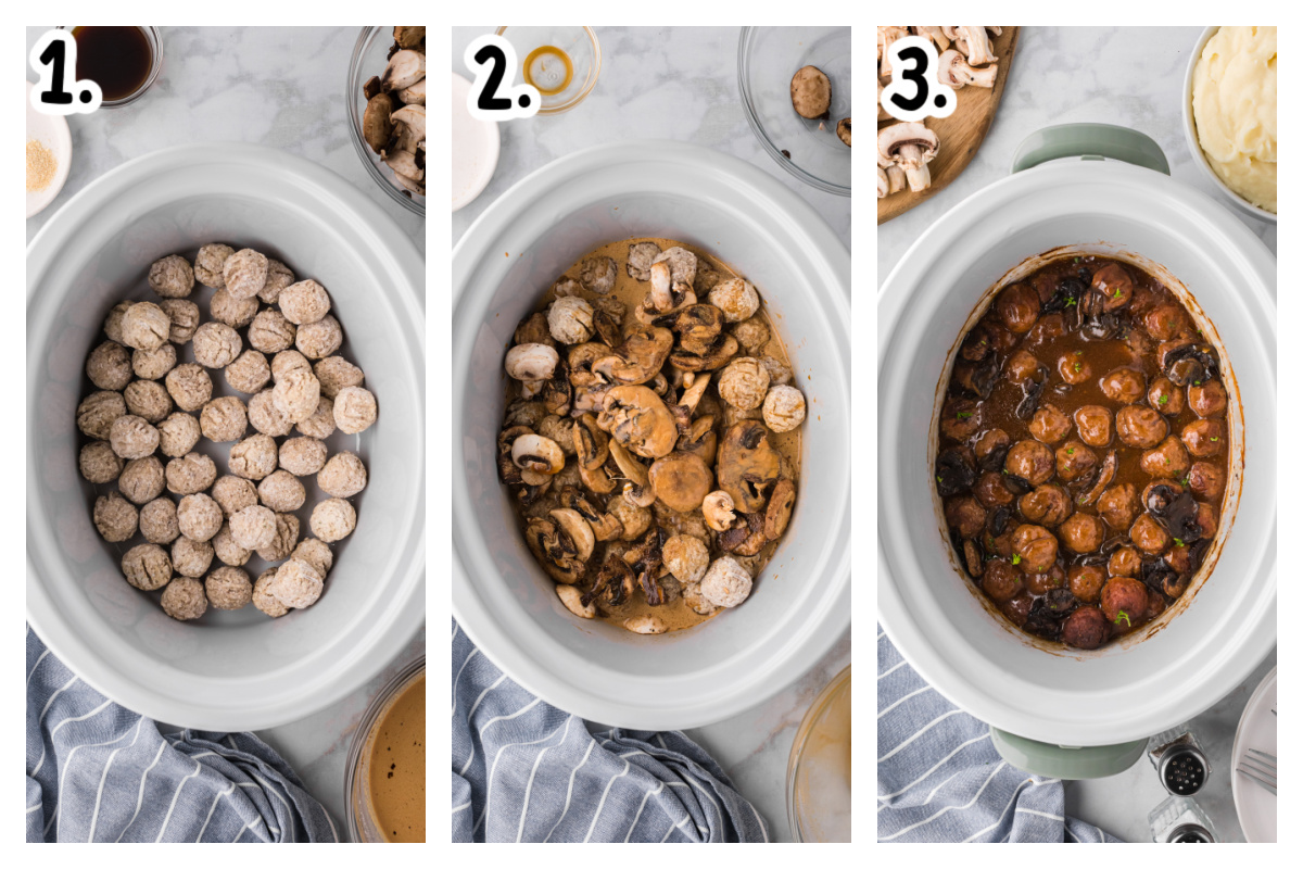 3 images of how to make salisbury steak meatballs in a slow cooker.