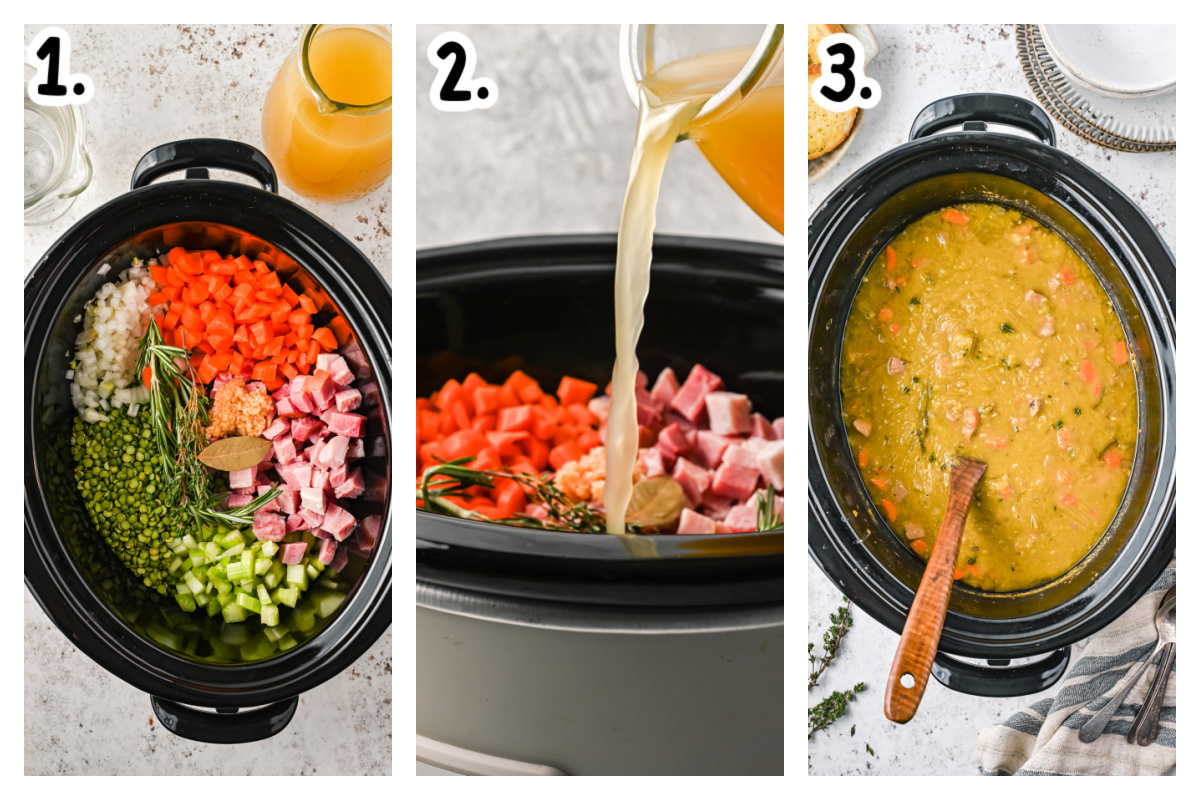 3 images showing how to make split pea soup in a crockpot.