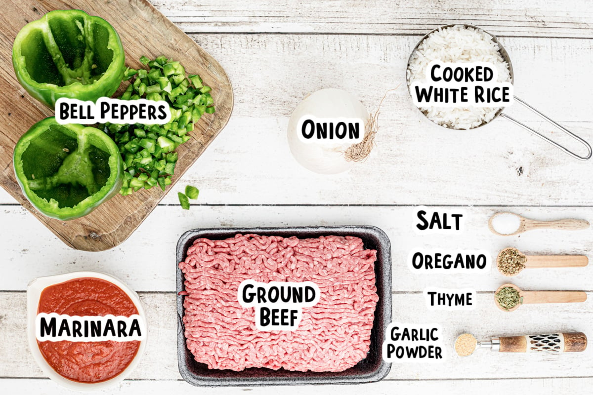 Ingredients for stuffed peppers with text of what the ingredients are.