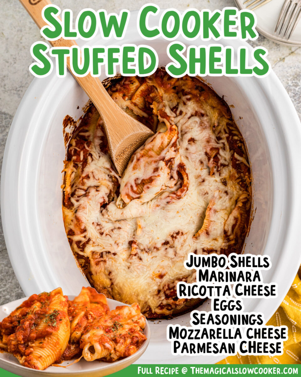 stuffed shells in a slow cooker with text of what the ingredients are.