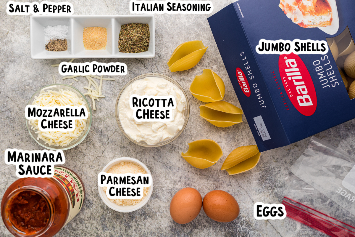Ingredients for stuffed shells on a table.
