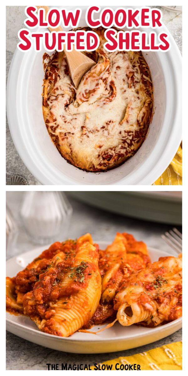 2 images of stuffed shells with text overlay.