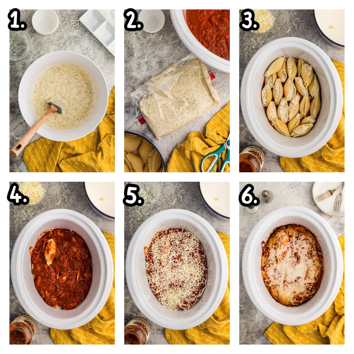 Images showing how to make stuffed shells in a slow cooker.