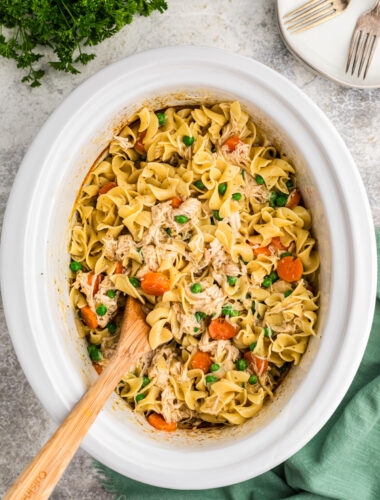 chicken and noodles done cooking in a slow cooker.