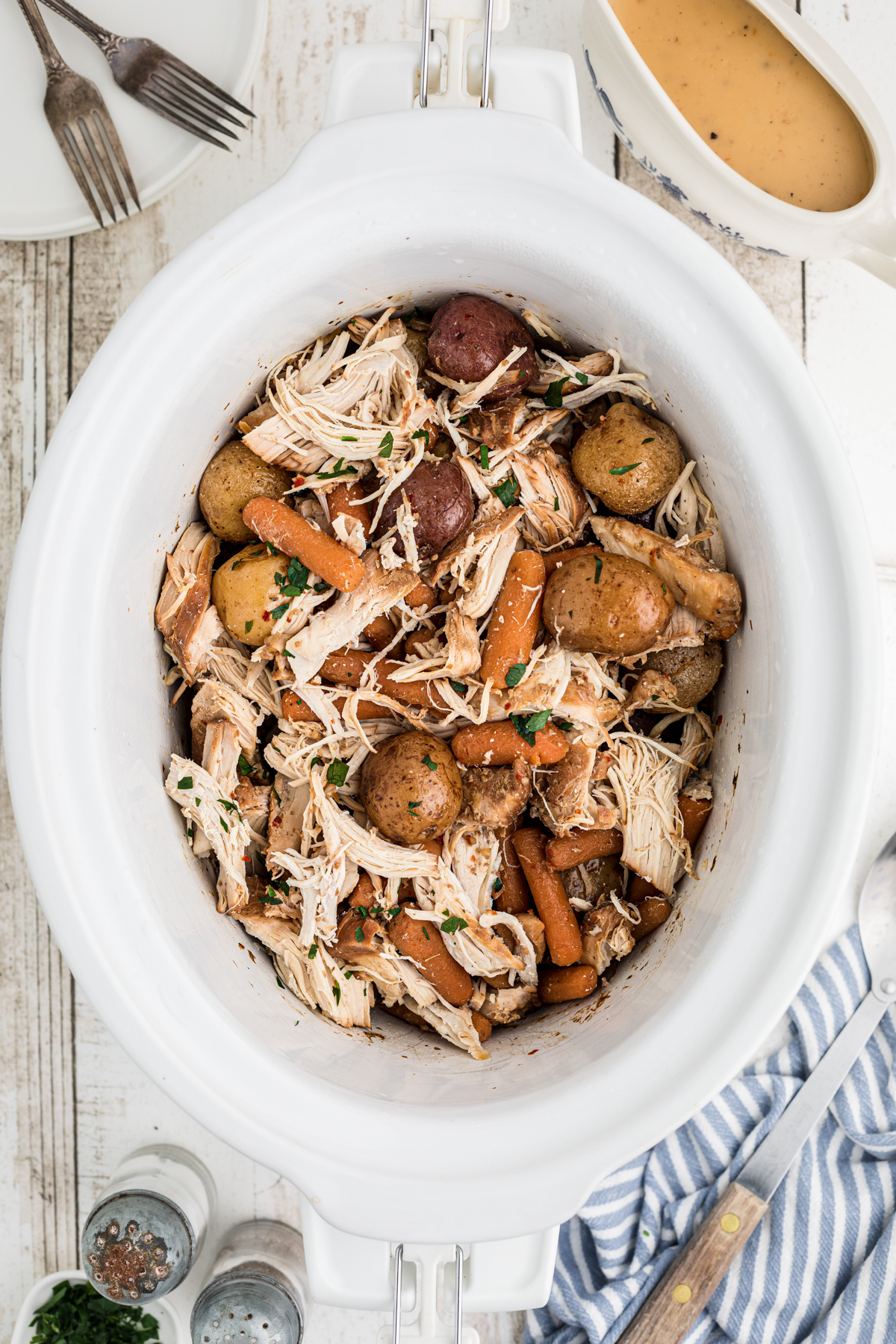 shredded chicken with carrots and baby potatoes.