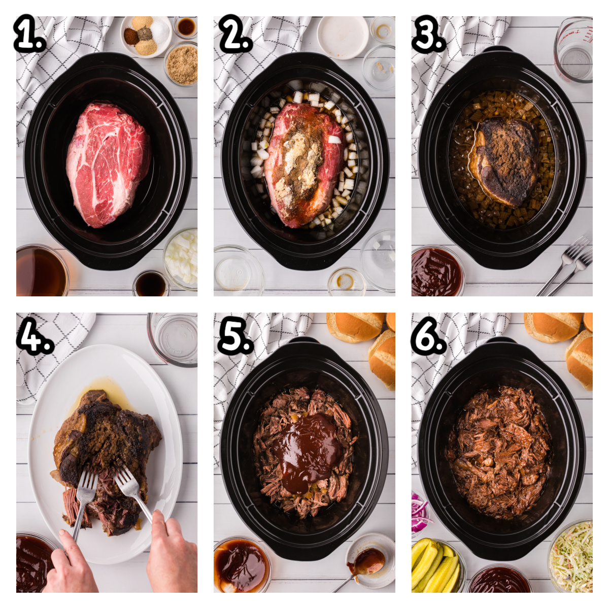 Collage of how to make bbq beef in a slow cooker.