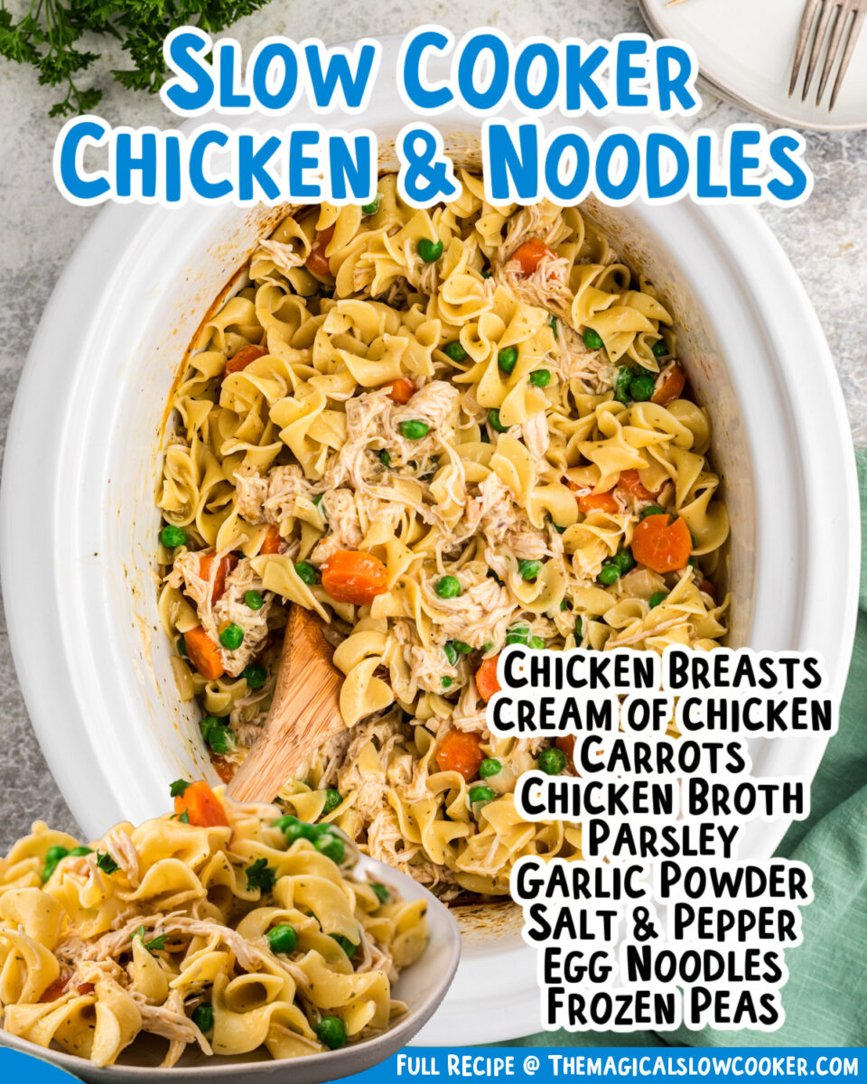Images of chicken and noodles in a slow cooker with text of what the ingredients are.