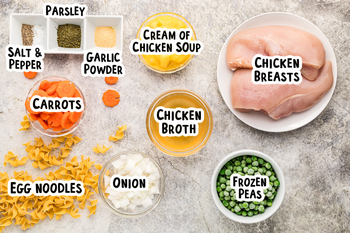 Ingredients for chicken and noodles on a table.
