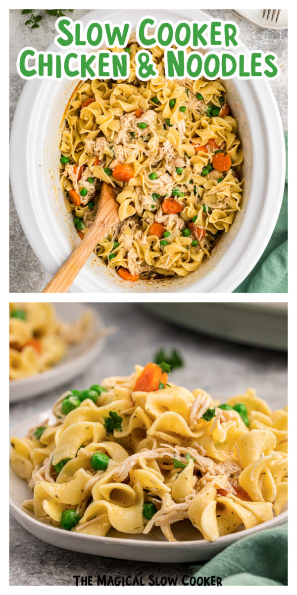 2 images of chicken and noodles with text for pinterest.