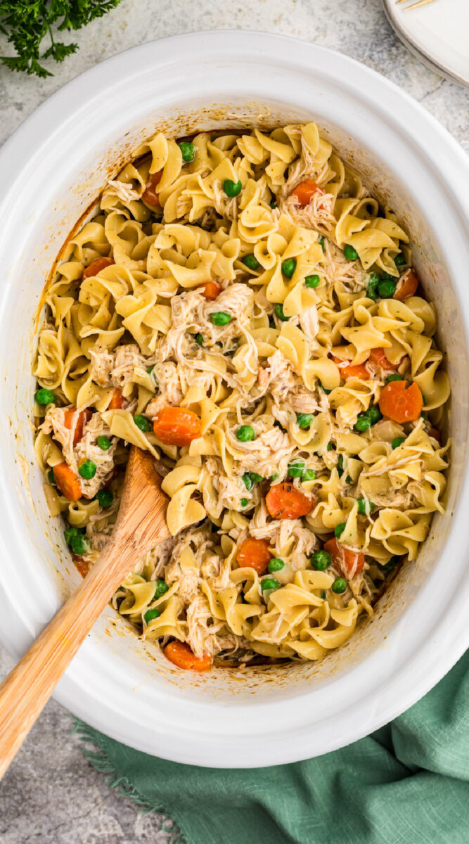 Long image of chicken and noodles in a slow cooker.