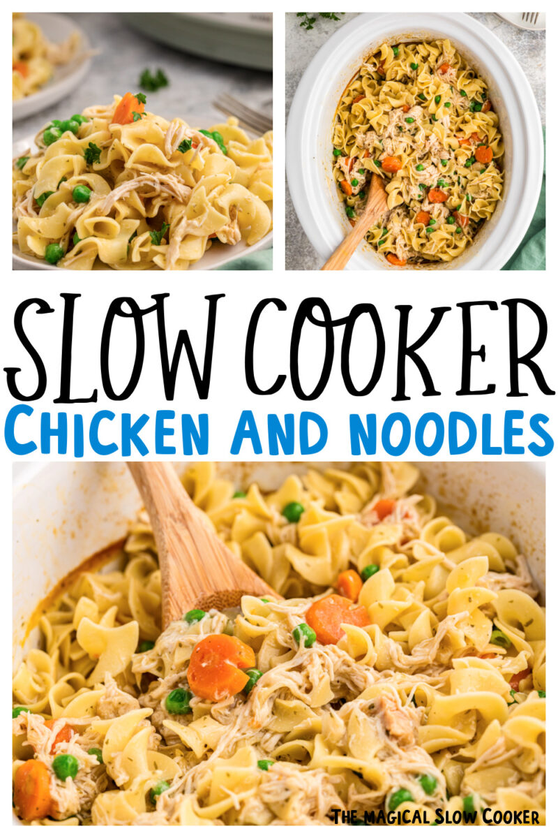 chicken and noodles images with text overlay for pinterest.