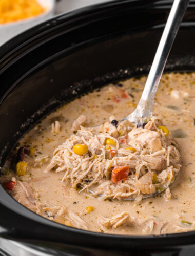 Cooked Chicken fajita soup in a crockpot.