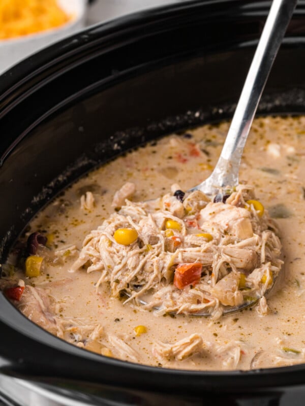 Cooked Chicken fajita soup in a crockpot.