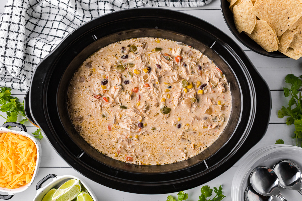 overhead shot of fajita soup in a crockpot.