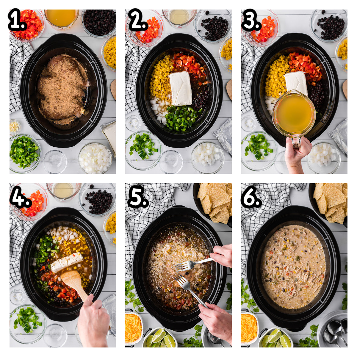 six images of chicken fajita soup in a slow cooker.