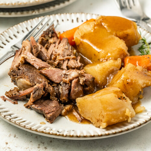 Plate with coffee pot roast and veggies.