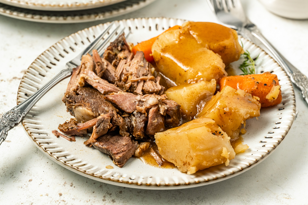 Plate with coffee pot roast and veggies.