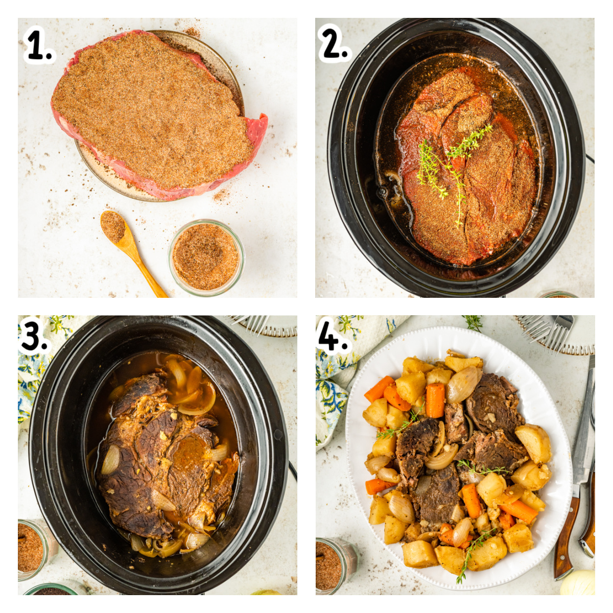 Four images showing how to make coffee pot roast in a crockpot.