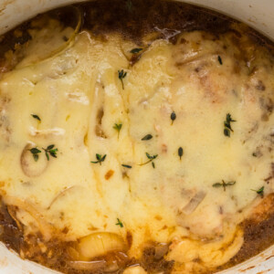 Cheesy onion chicken in a crockpot.