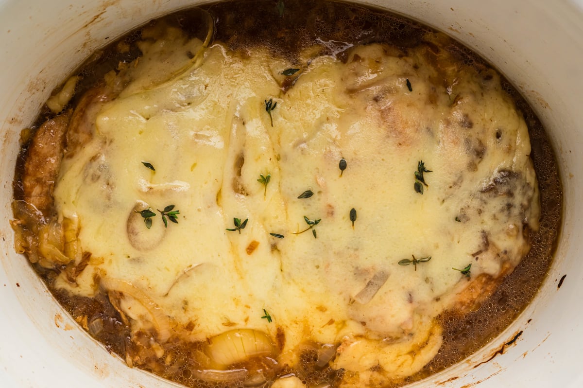 Cheesy onion chicken in a crockpot.