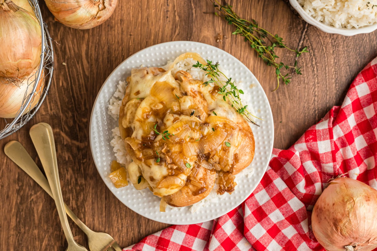 plate of french onion chicken over rice.