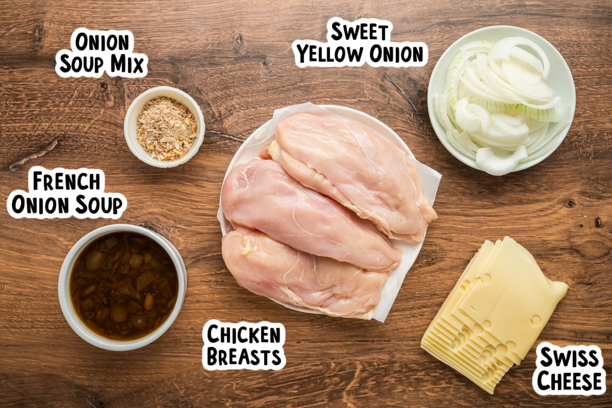 Ingredients for french onion chicken on a table with text labels.