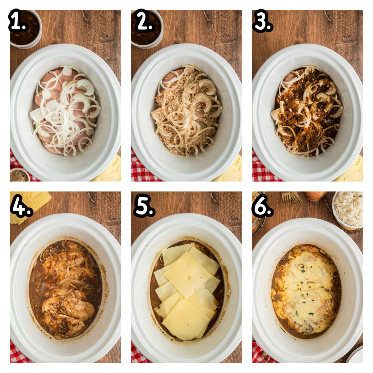 Six images showing how to make french onion chicken in a slow cooker.