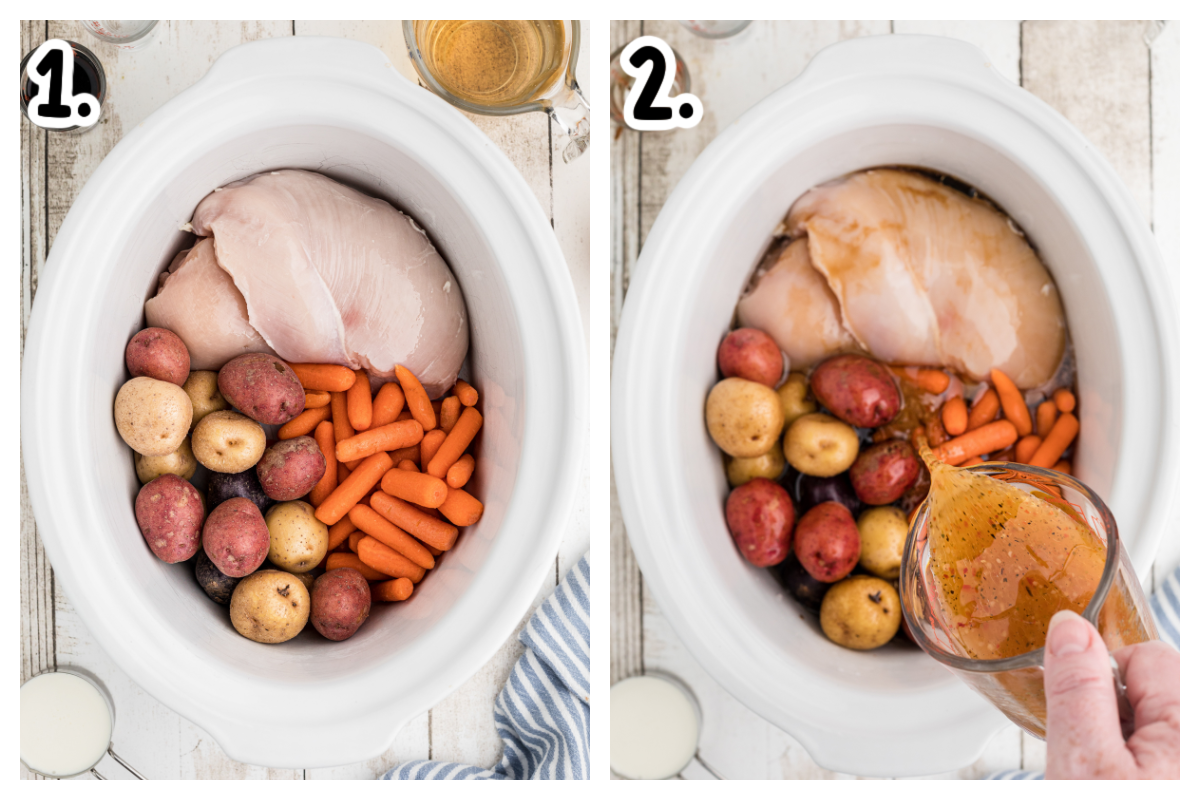 2 images of how to add ingedients to slow cooker for italian chicken and gravy.