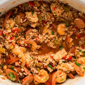 Overhead shot of jambalaya in a slow cooker.