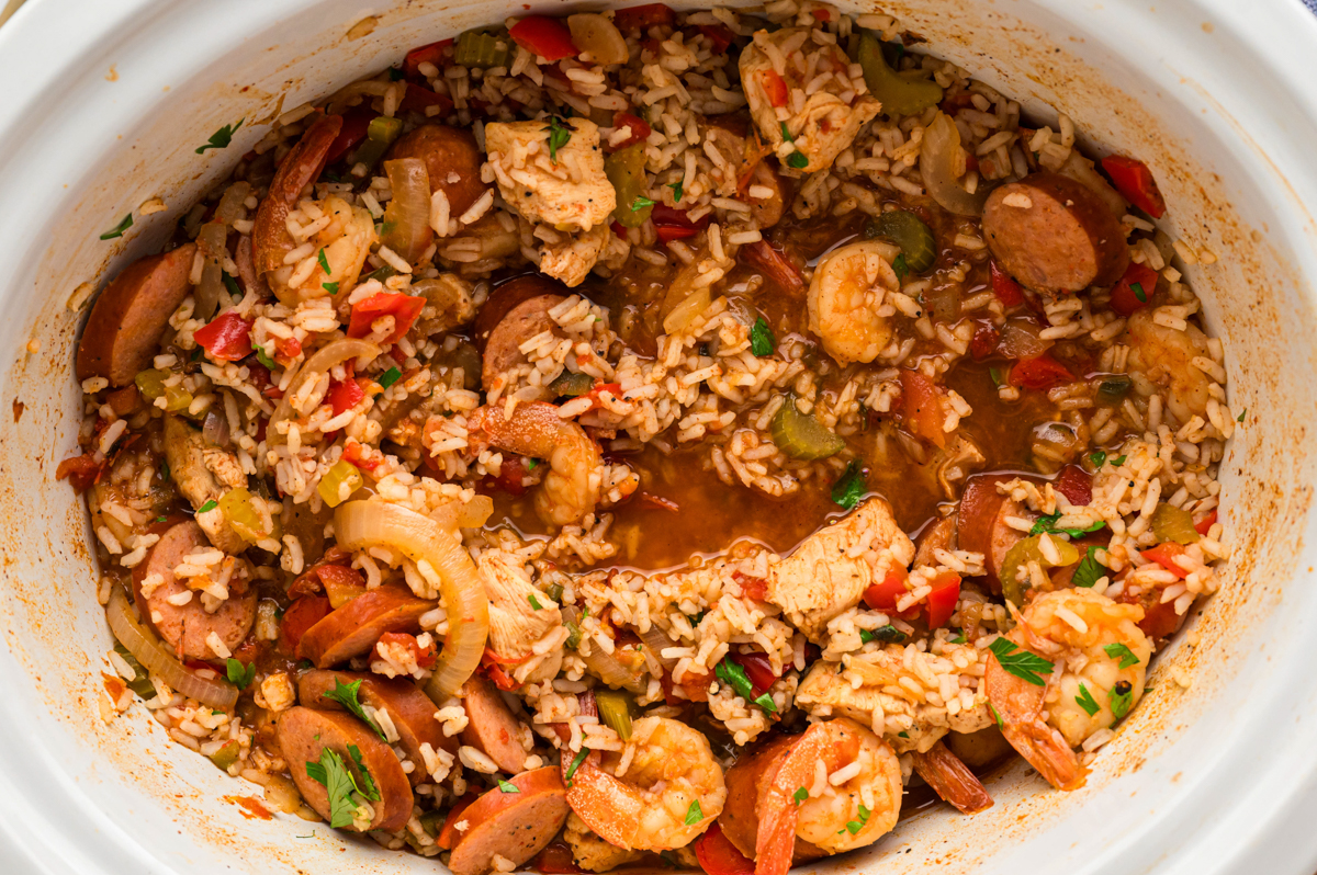 Overhead shot of jambalaya in a slow cooker.