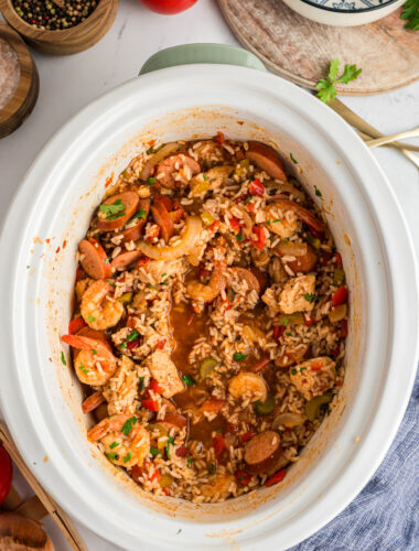 Cooked jambalaya in a slow cooker.