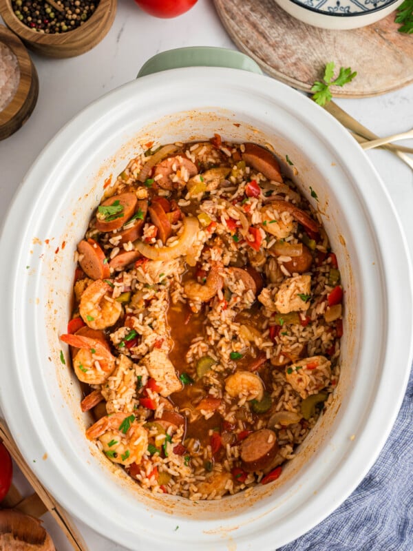 Cooked jambalaya in a slow cooker.
