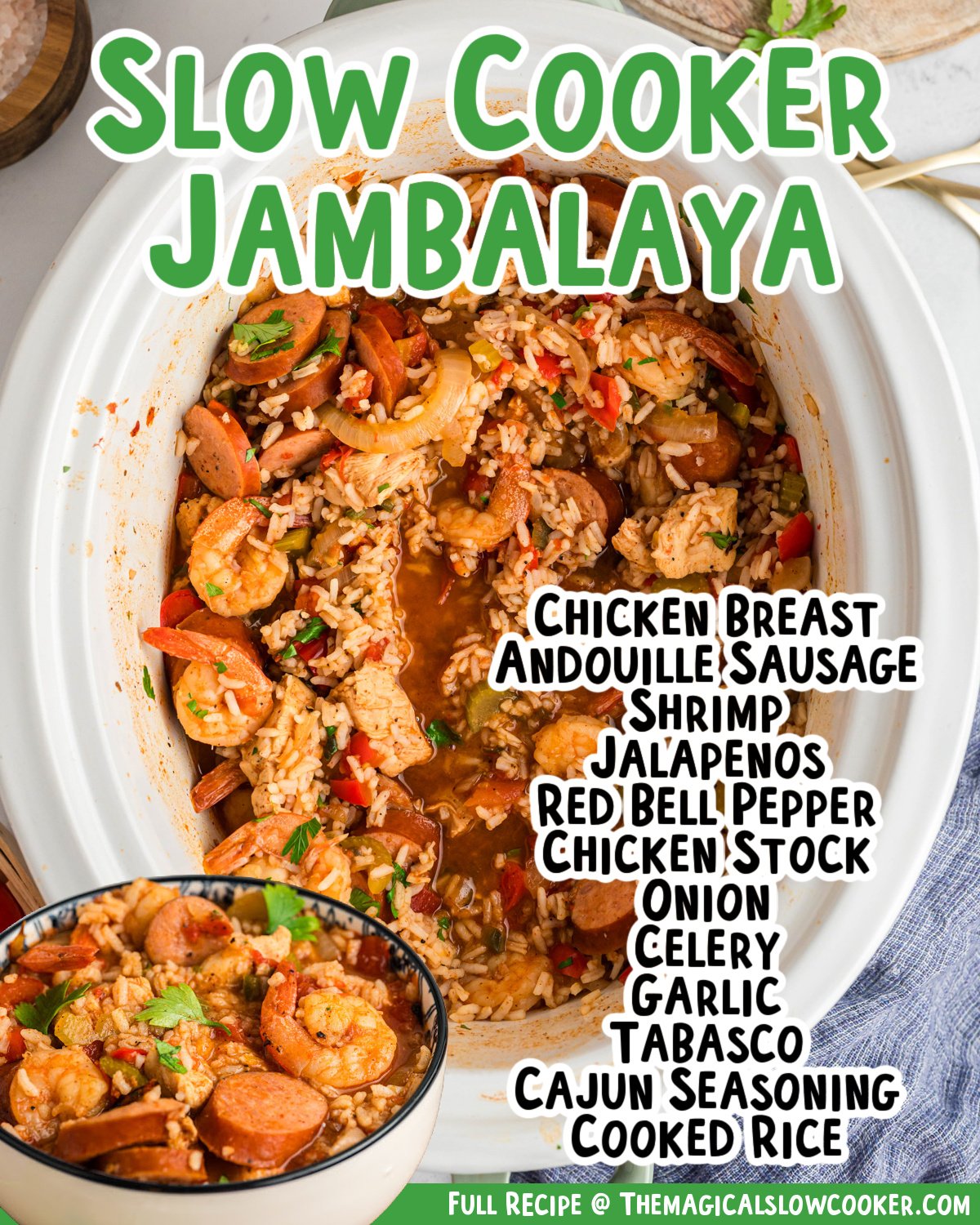 Images of jambalaya with text of ingredients for facebook.