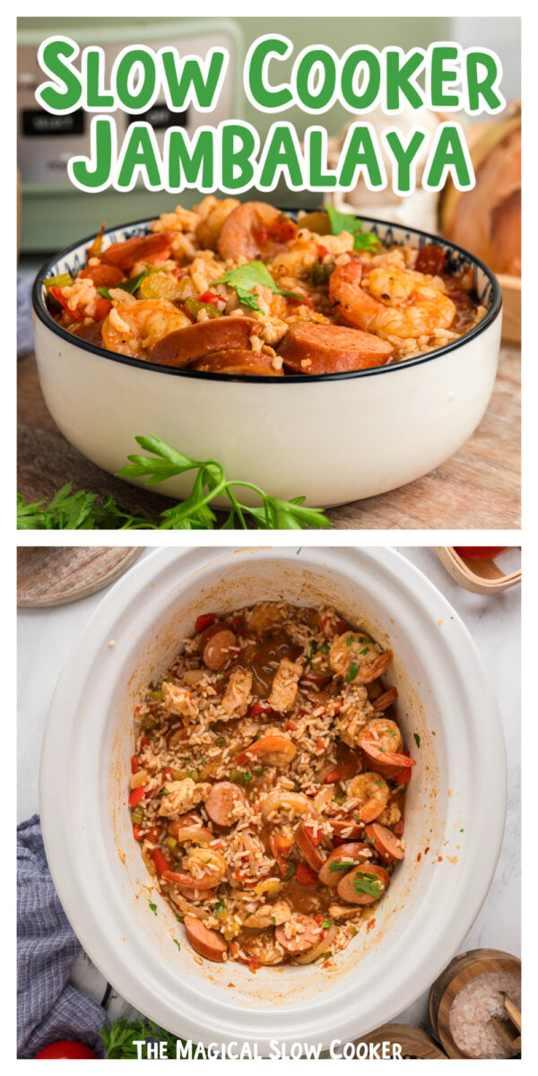 2 images of rice, sausage and shrimp for pinterest.